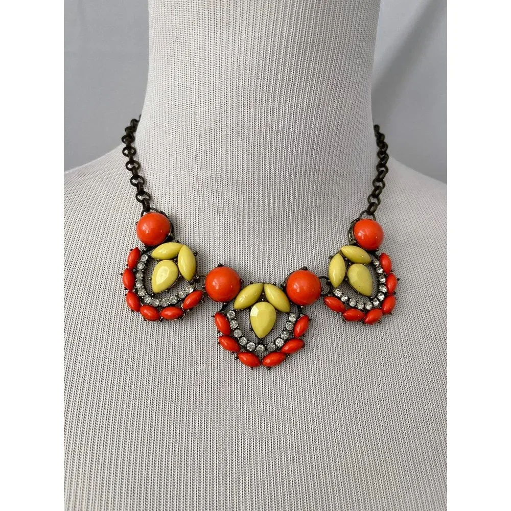 Vintage Coral / Pale Yellow Faux Gem and Rhinestone Bling Statement Necklace - Picture 2 of 12